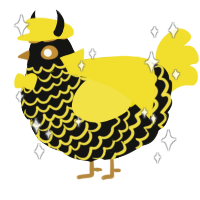 A black and yellow chicken with a lace pattern