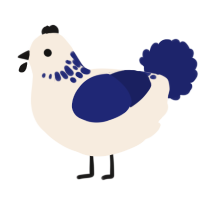 A cream and navy chicken with a neck-speckle pattern