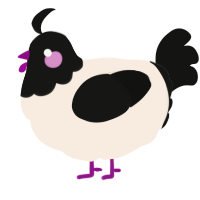 A cream and black chicken with a head pattern