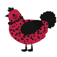 A crimson and black chicken with a speckle pattern