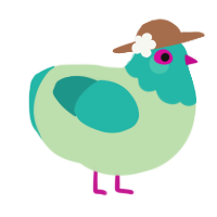 A gluppy and turquoise chicken with a head pattern