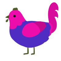 A indigo and fuchsia chicken with a head pattern