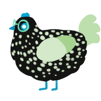 A black and gluppy chicken with a speckle pattern