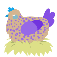 A beige and blurple chicken with a speckle pattern