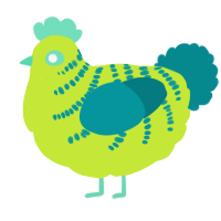 A lime and teal chicken with a half-bar pattern