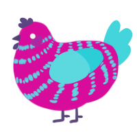 A fuchsia and aqua chicken with a bar pattern