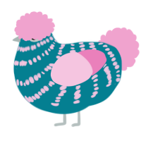 A sea and pink chicken with a bar pattern