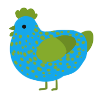 A sky and chartreuse chicken with a speckle pattern