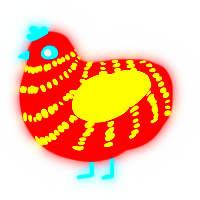 A red and yellow chicken with a bar pattern