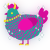 A turquoise and fuchsia chicken with a lace pattern