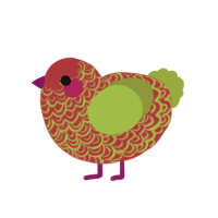 A crimson and chartreuse chicken with a double-lace pattern