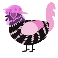 A black and pink chicken with a bar pattern