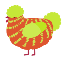 A vermilion and lime chicken with a bar pattern