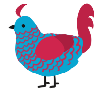 A cerulean and crimson chicken with a lace pattern
