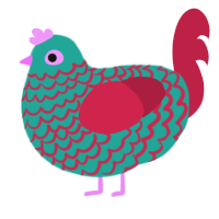 A turquoise and crimson chicken with a lace pattern