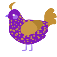 A violet and gold chicken with a speckle pattern