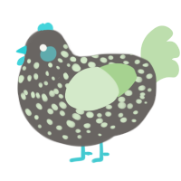 A grey and gluppy chicken with a speckle pattern