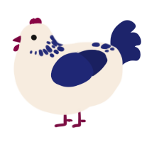 A cream and navy chicken with a neck-speckle pattern