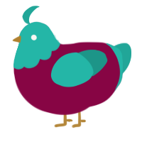 A maroon and turquoise chicken with a head pattern