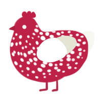 A crimson and white chicken with a speckle pattern