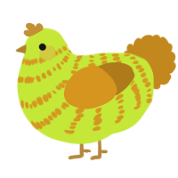 A lime and ochre chicken with a bar pattern