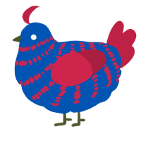 A ultramarine and crimson chicken with a bar pattern