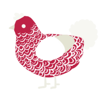 A crimson and white chicken with a double-lace pattern