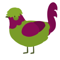A chartreuse and wine chicken with a head pattern