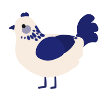 A cream and navy chicken with a neck-speckle pattern