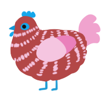 A red and pink chicken with a bar pattern