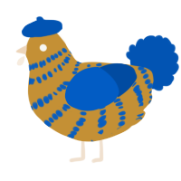 A gold and ultramarine chicken with a bar pattern