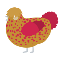 A gold and crimson chicken with a speckle pattern