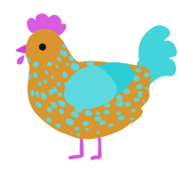 Joy, a orange and aqua chicken with a speckle pattern