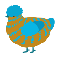 A ochre and cerulean chicken with a bar pattern