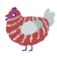 A red and silver chicken with a bar pattern