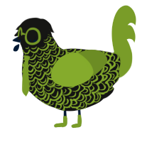 H4CK3R, a black and chartreuse chicken with a double-lace pattern