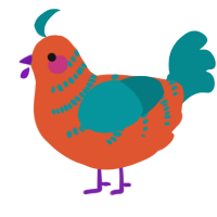 A vermilion and teal chicken with a half-bar pattern