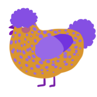 A orange and blurple chicken with a speckle pattern