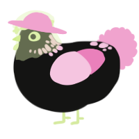 A black and pink chicken with a neck-speckle pattern