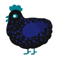 A black and navy chicken with a speckle pattern