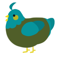 A olive and teal chicken with a head pattern