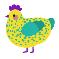 Banana of Conquest, a yellow and turquoise chicken with a speckle pattern