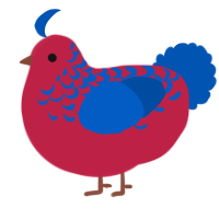 A crimson and ultramarine chicken with a half-lace pattern