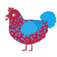 A crimson and sky chicken with a speckle pattern