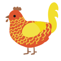 A vermilion and yellow chicken with a lace pattern