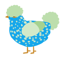 A sky and gluppy chicken with a speckle pattern