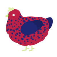 A crimson and navy chicken with a speckle pattern