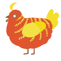 A vermilion and yellow chicken with a half-bar pattern