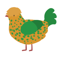 A orange and viridian chicken with a speckle pattern