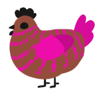 Lisa Frankenstein, a russet and fuchsia chicken with a bar pattern